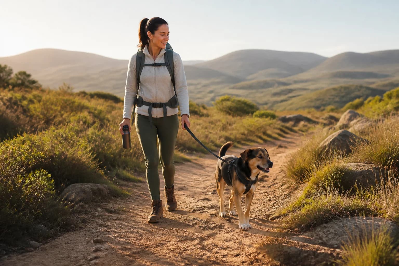 Owner walking a healthy dog on a South African trail