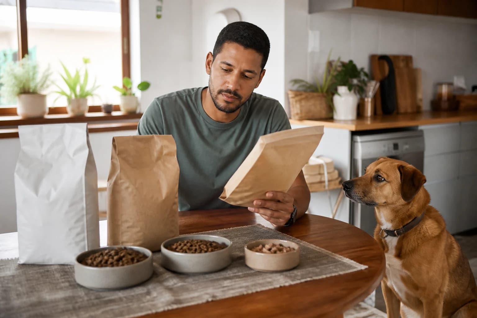 Dog owner comparing plain dog food options