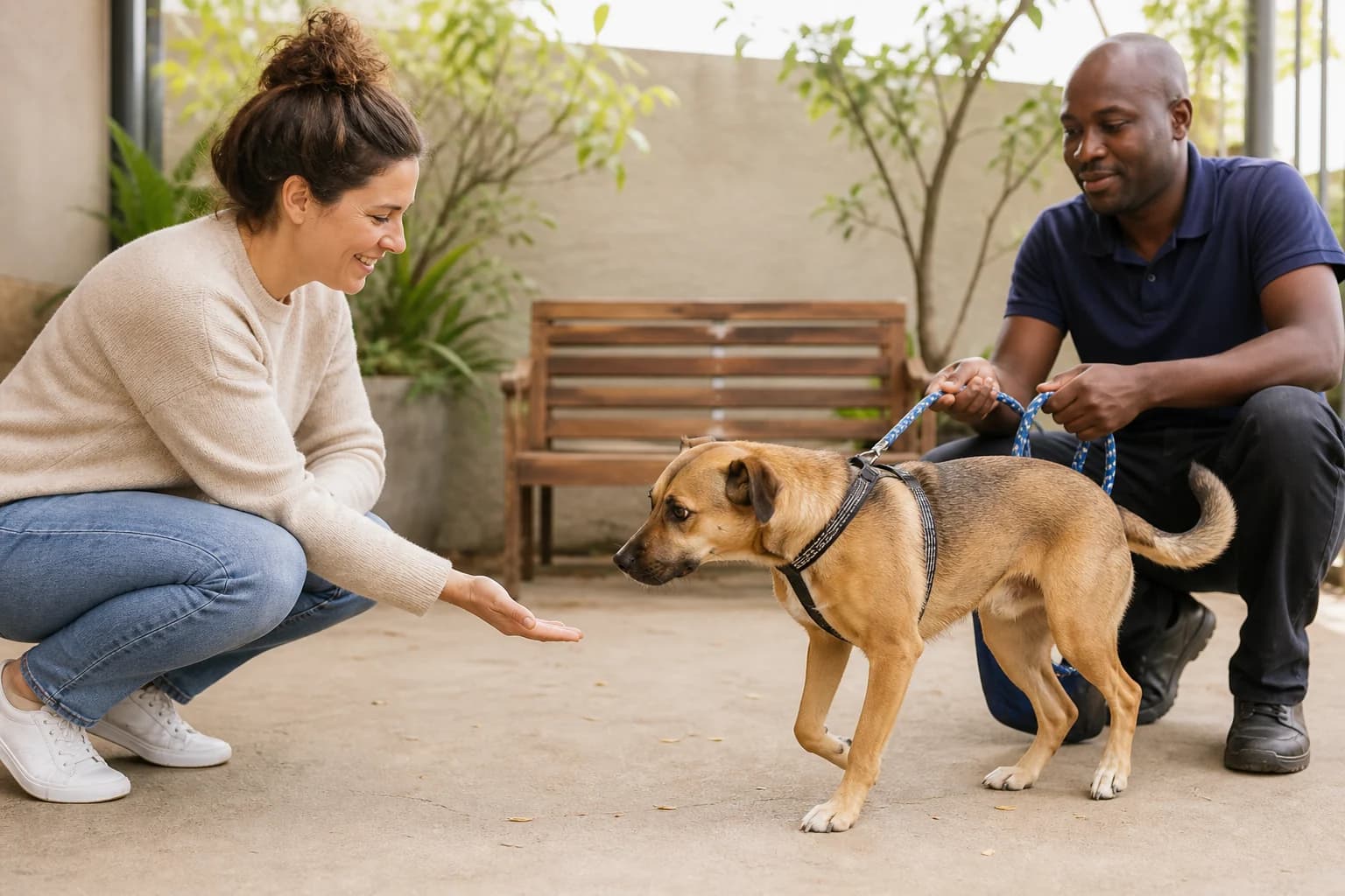 Prospective adopter meeting a rescue dog calmly