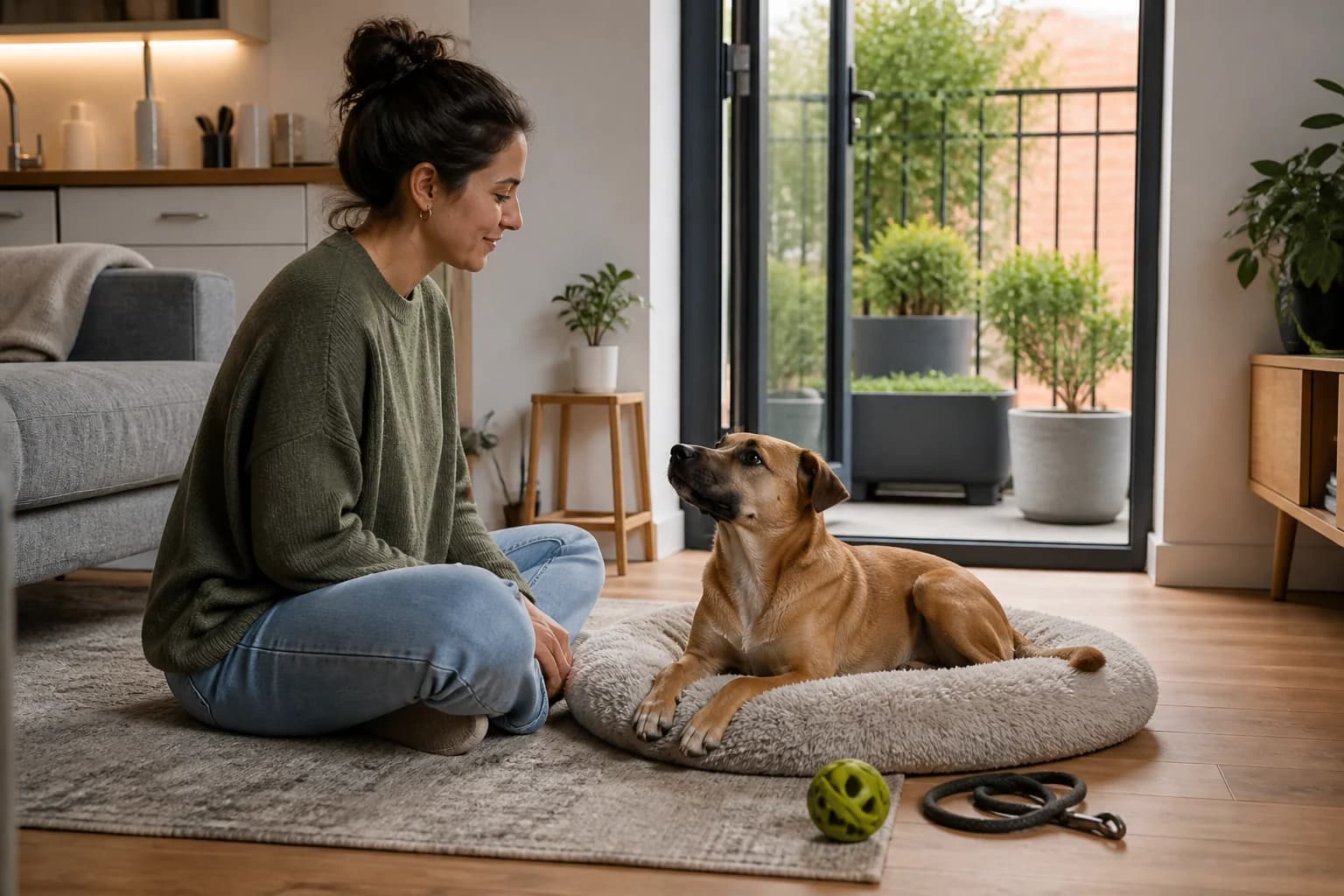 Dog relaxing with its owner in a compact home