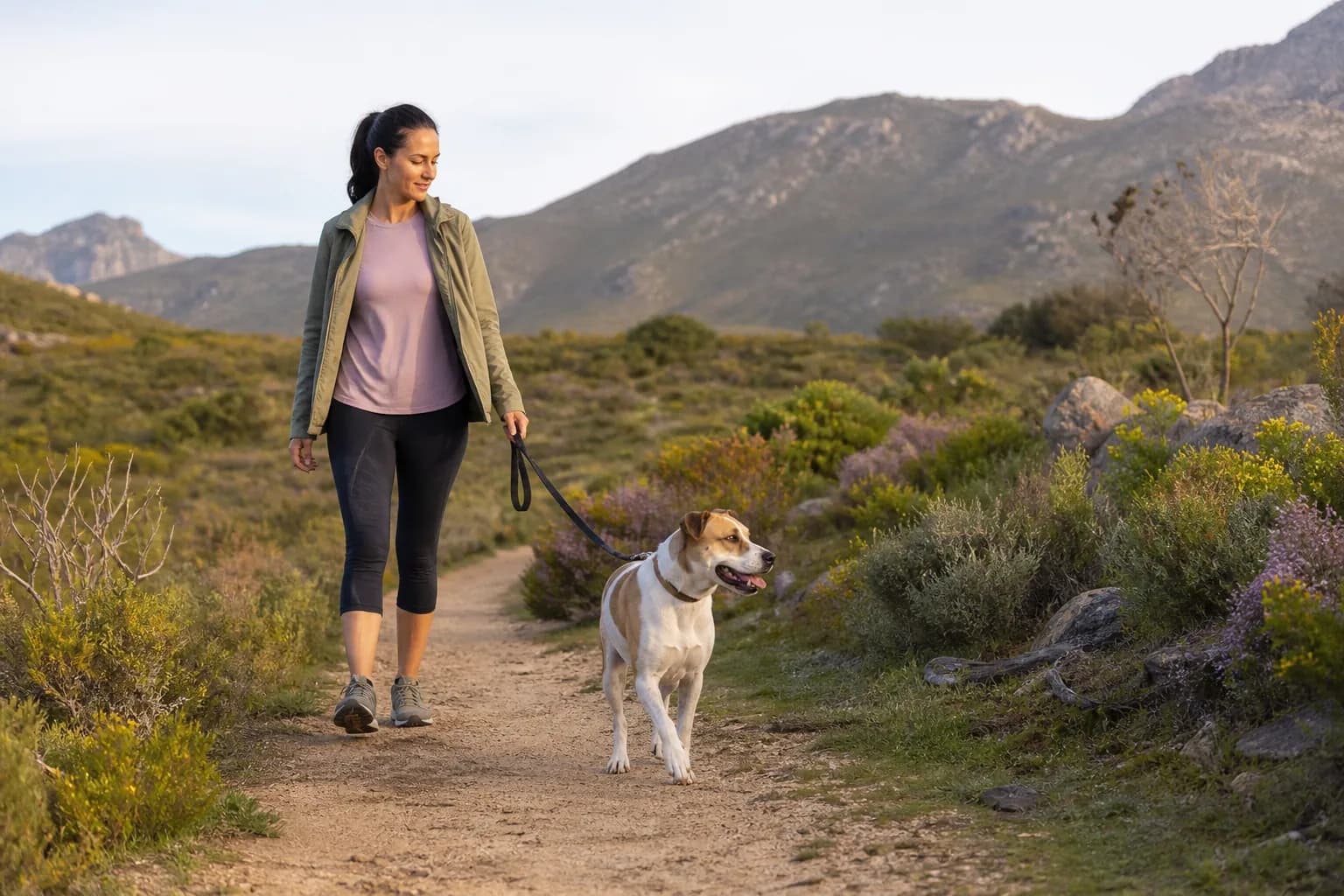 Dog walking safely on lead with its owner on a South African trail