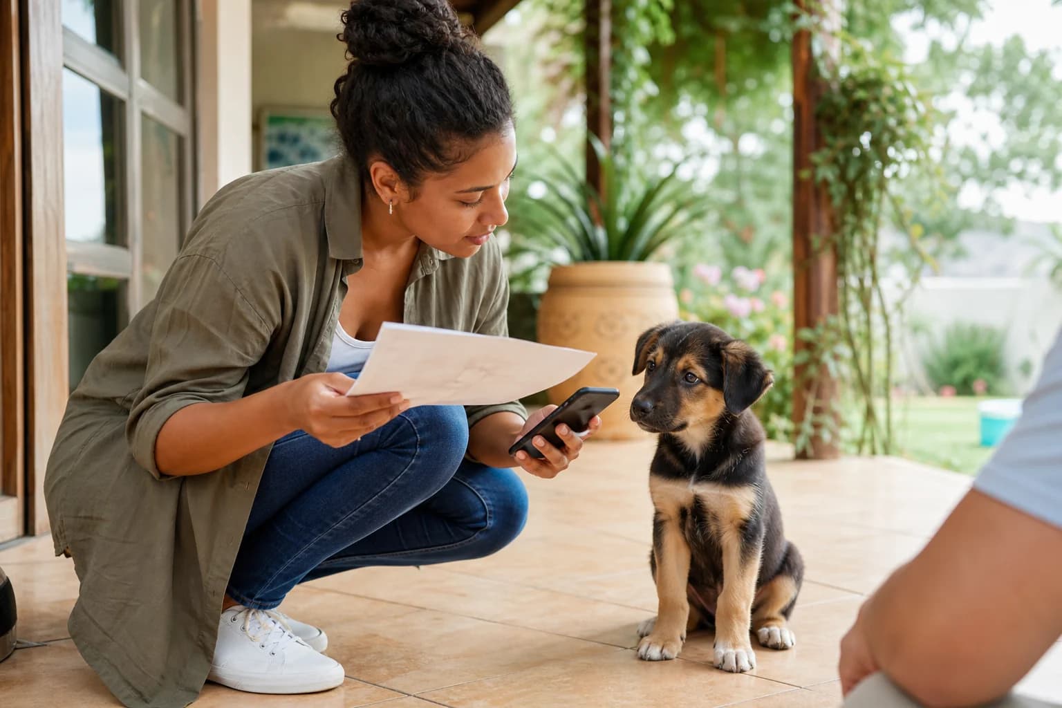 Prospective puppy owner checking information before payment