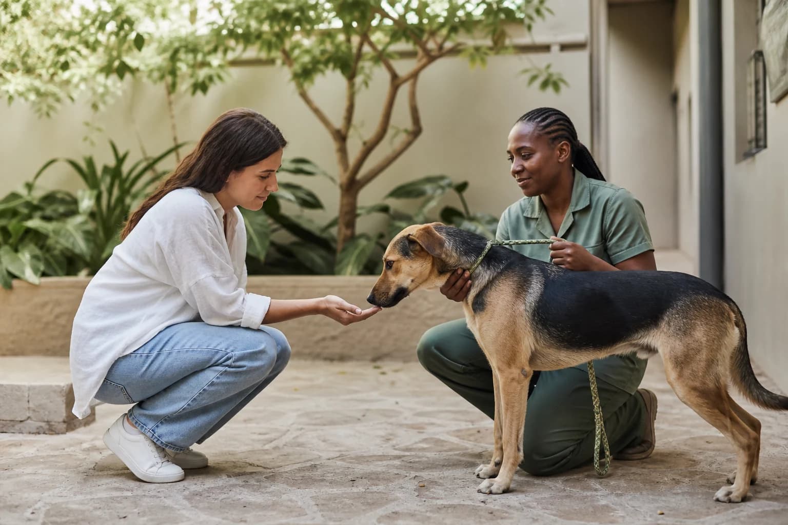 Prospective adopter calmly meeting a healthy rescue dog with a welfare worker