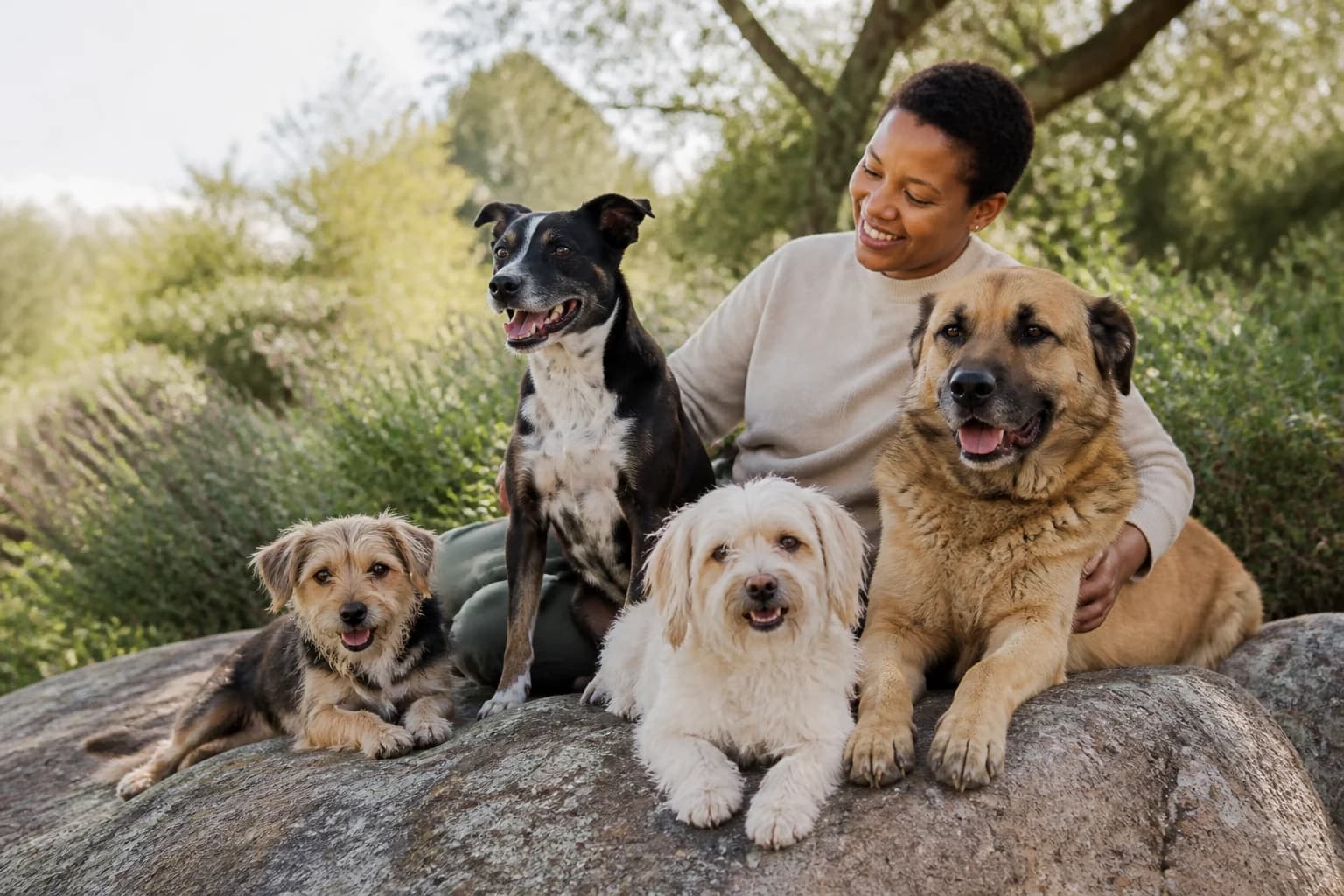 A diverse group of healthy dogs with their owner in a South African outdoor setting