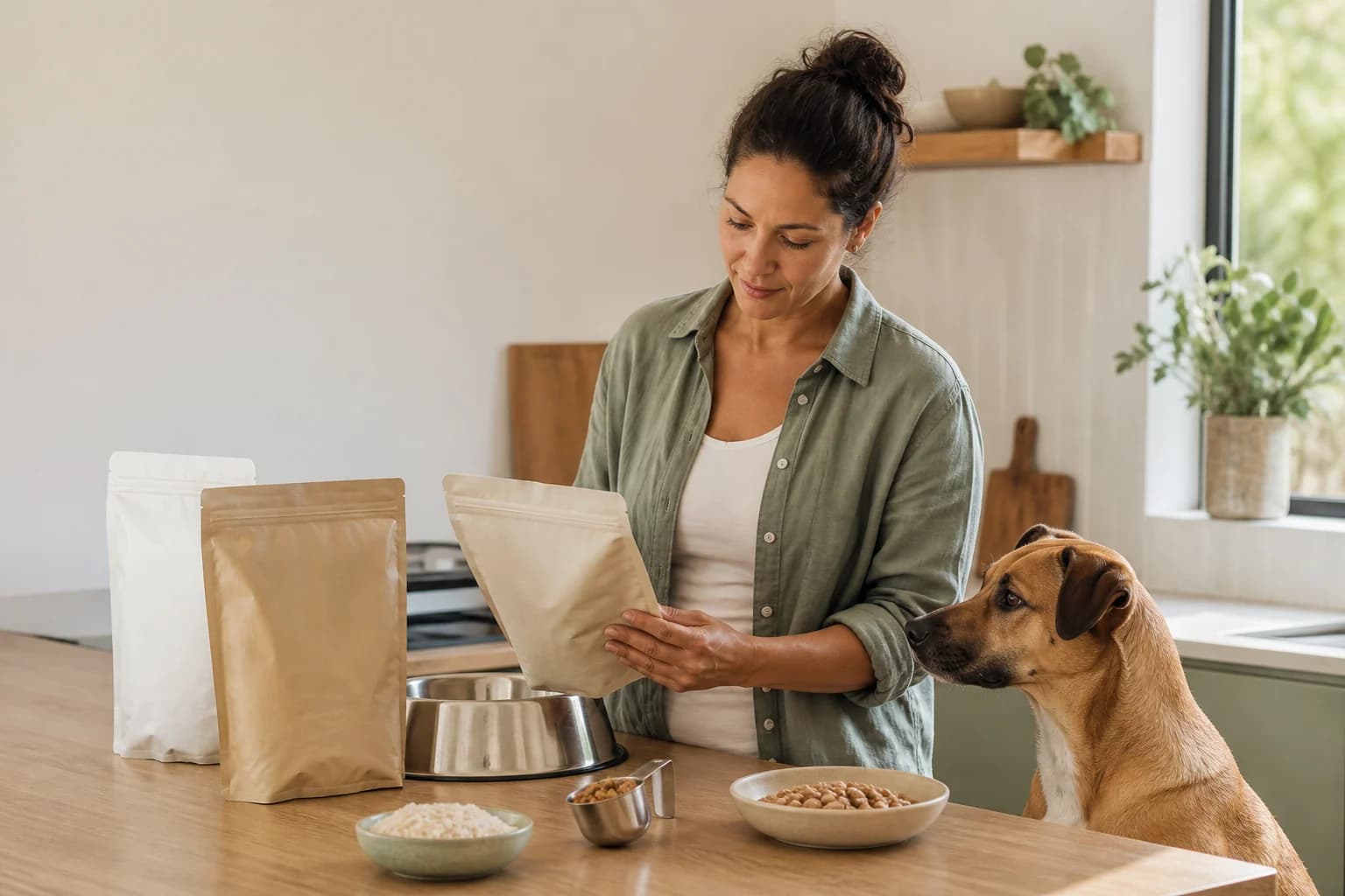 Dog owner reviewing unbranded food options while preparing a dog's meal