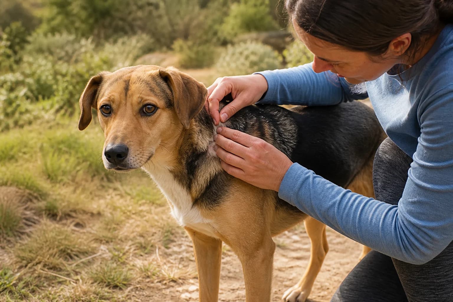 Dog owner checking a dog's coat for ticks