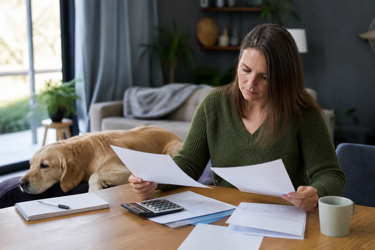 Dog owner comparing pet insurance documents and veterinary costs