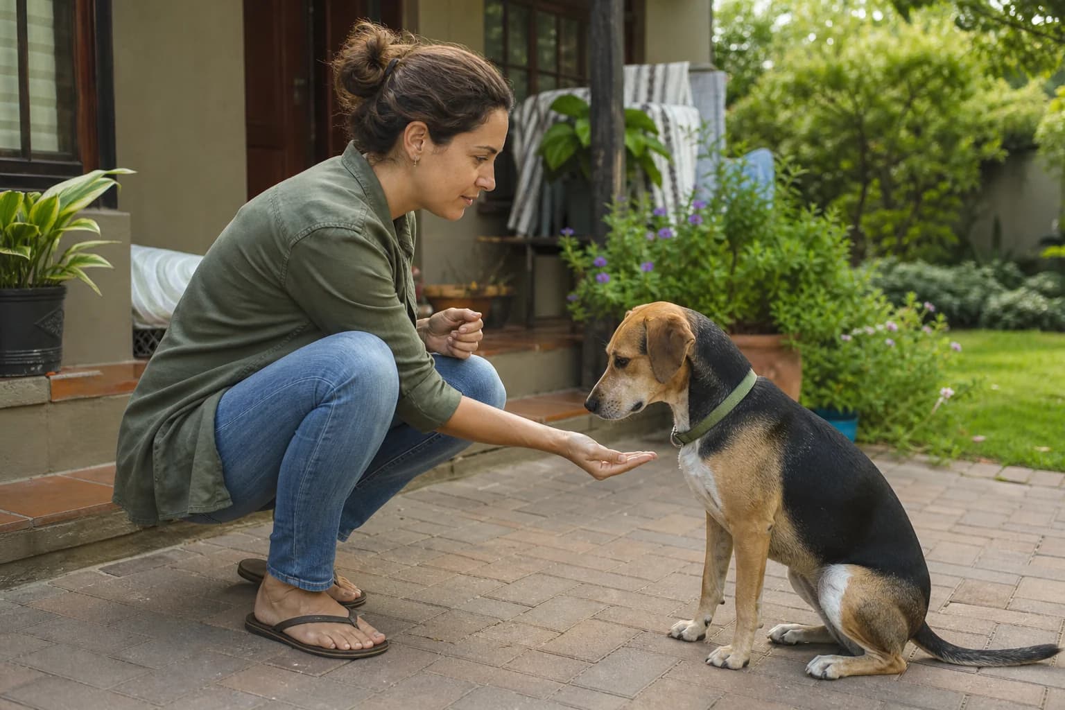 Dog owner practising calm reward-based training with a dog at home