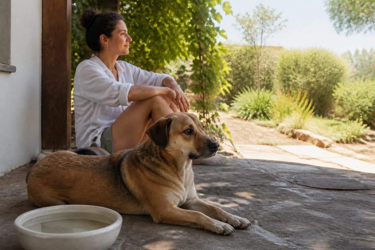 Healthy dog resting in shade beside fresh water