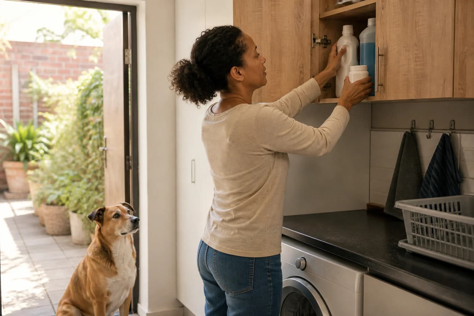 Dog owner storing household products safely out of reach