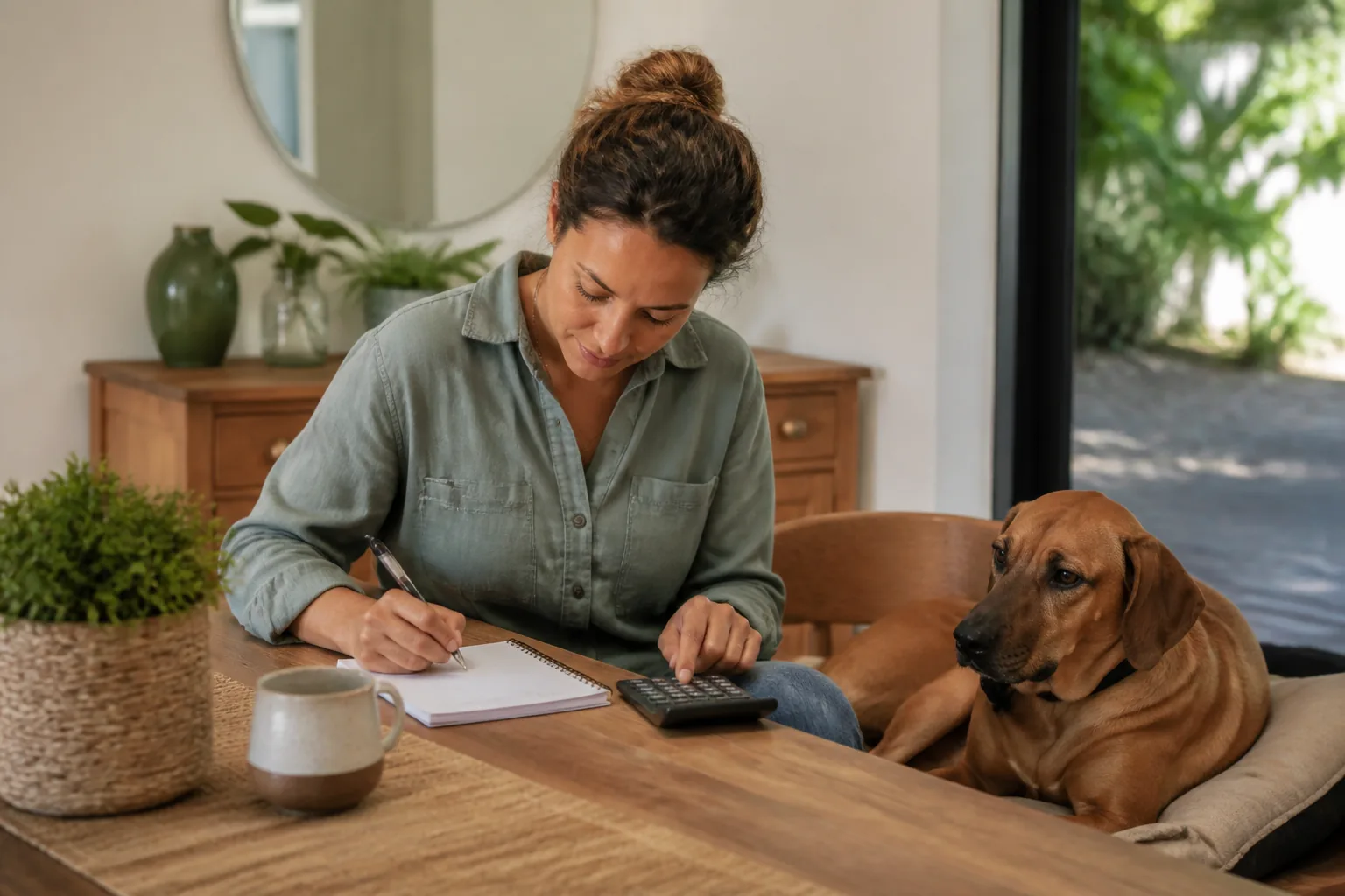 Dog owner planning monthly household costs for caring for a dog