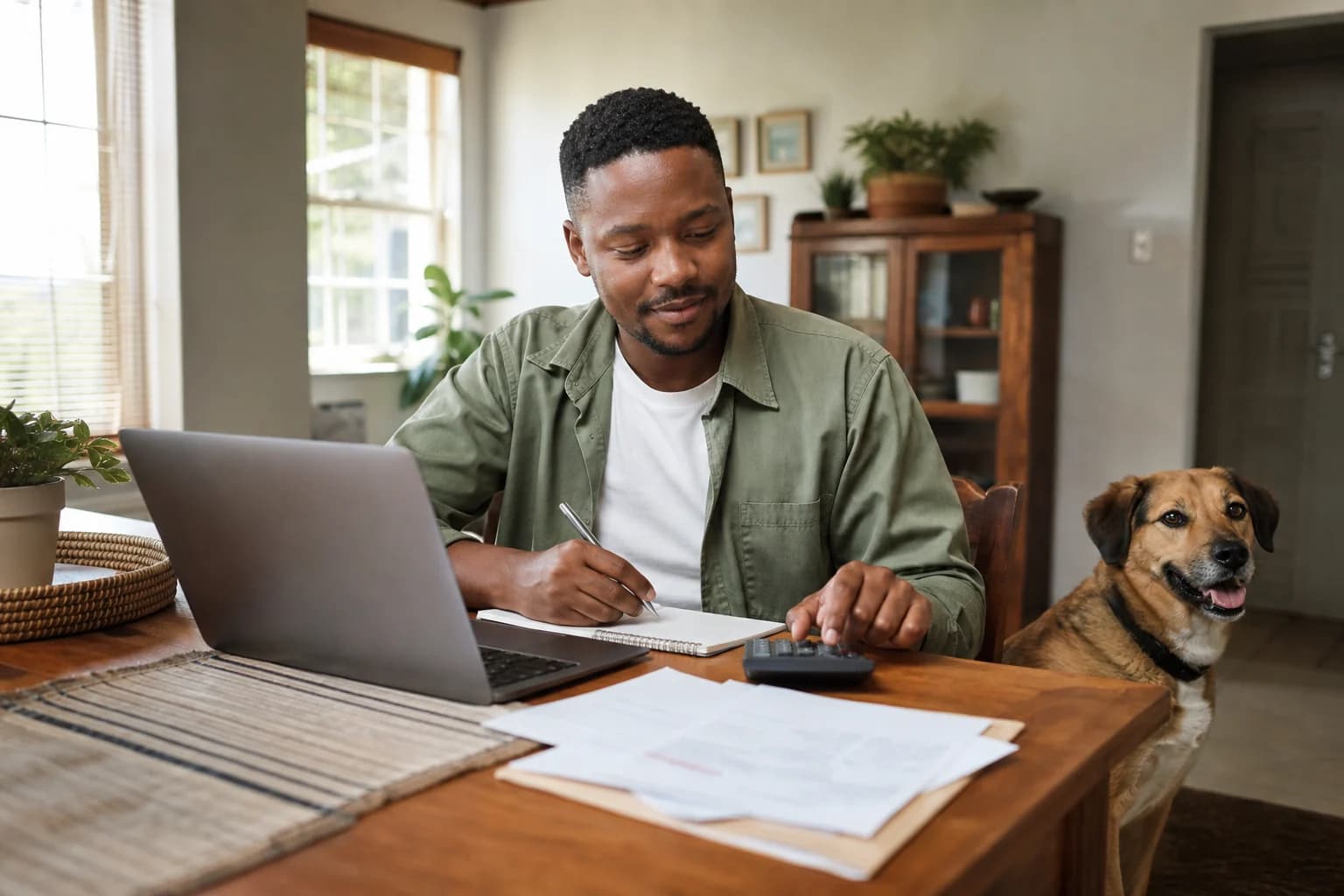 Dog owner reviewing insurance planning documents