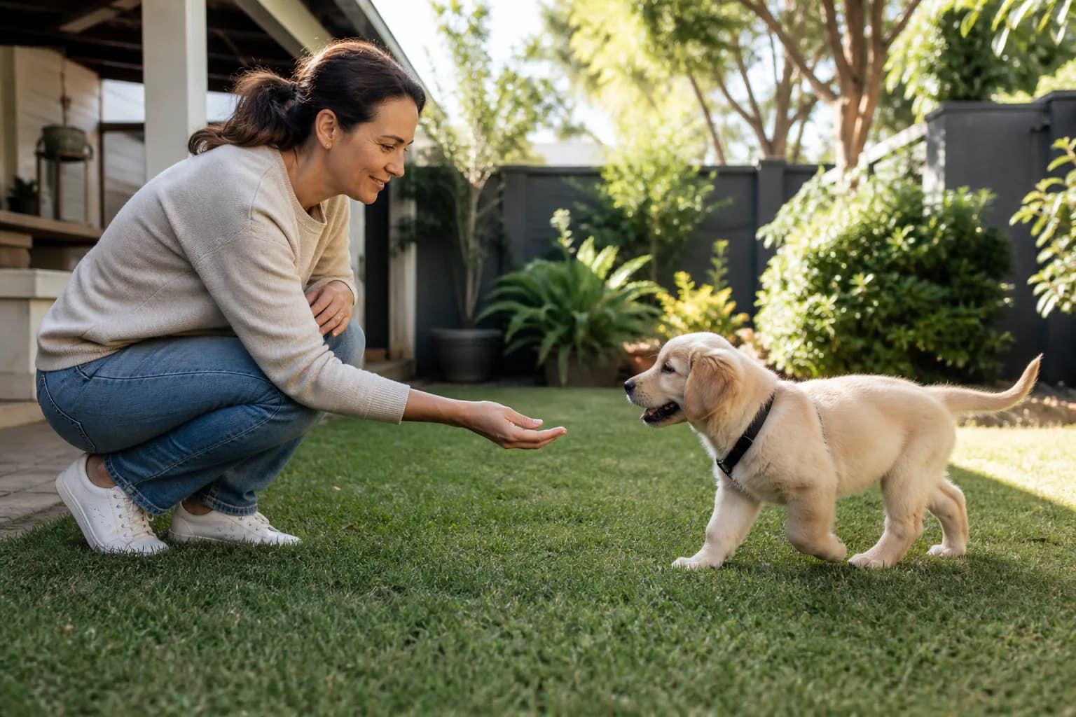 Owner practising gentle reward-based training with a puppy at home
