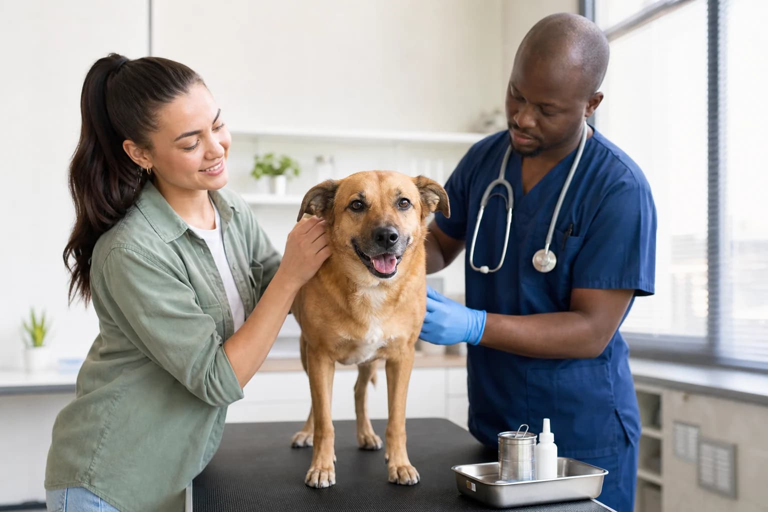 Dog owner attending a veterinary vaccination appointment