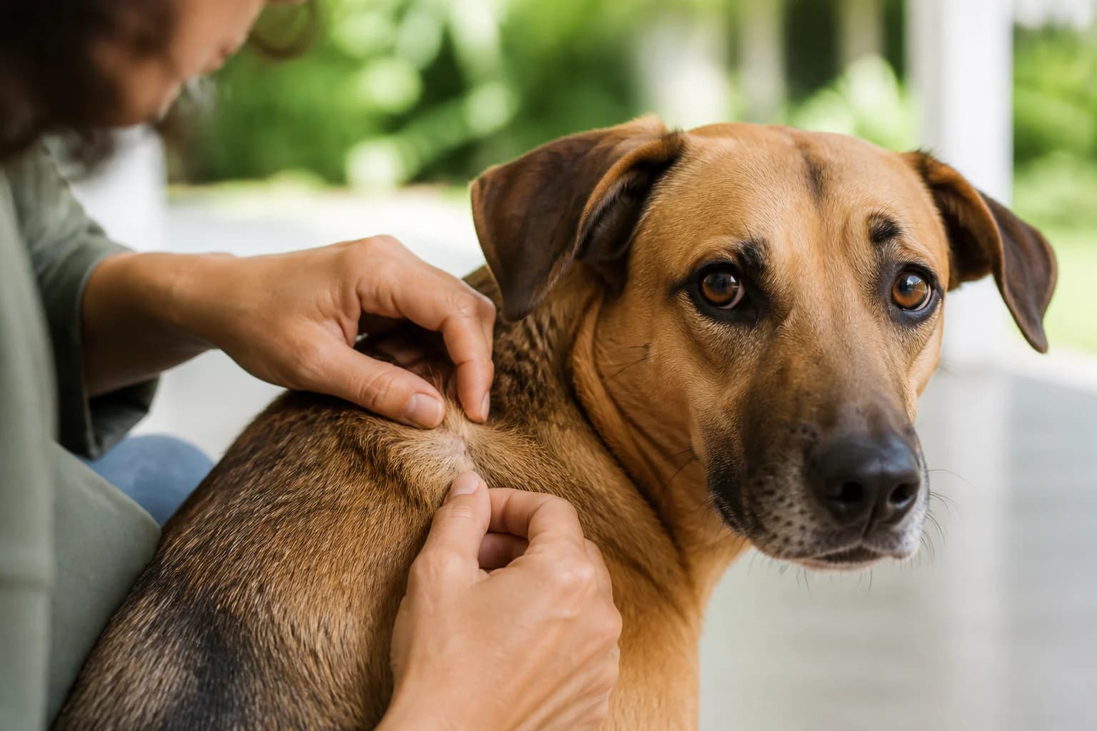 Owner checking a healthy dog's coat after time outdoors