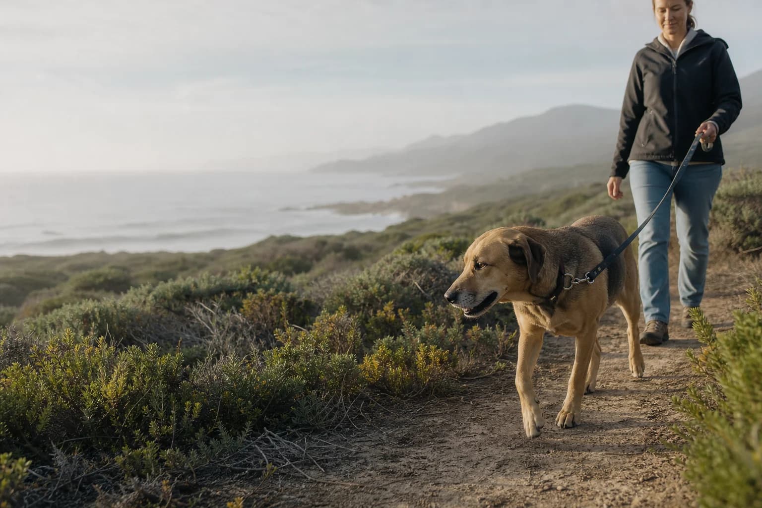 Dog and owner walking along a quiet South African coastal path