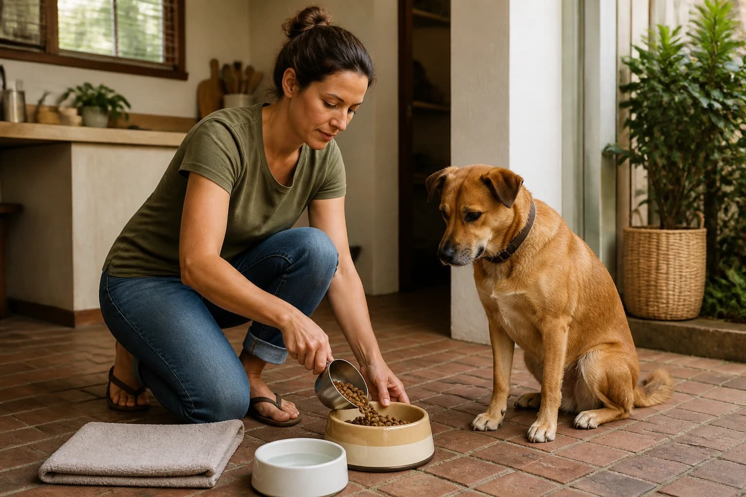 Dog owner preparing an everyday care routine for a healthy dog