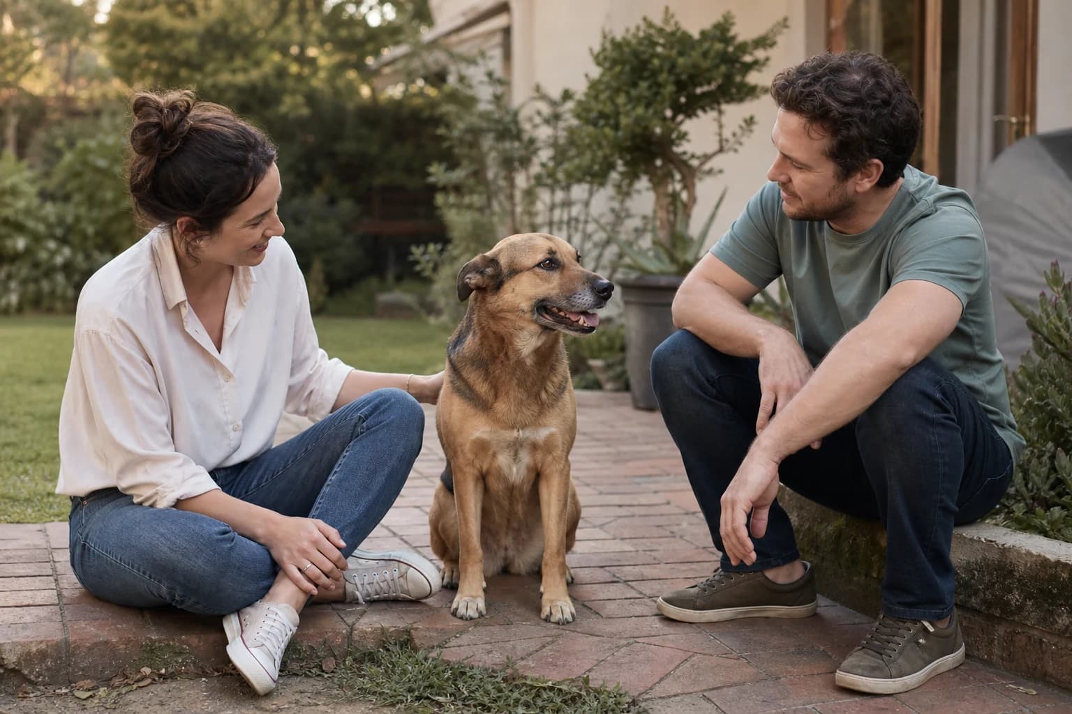 Family spending calm time with a dog while considering household fit