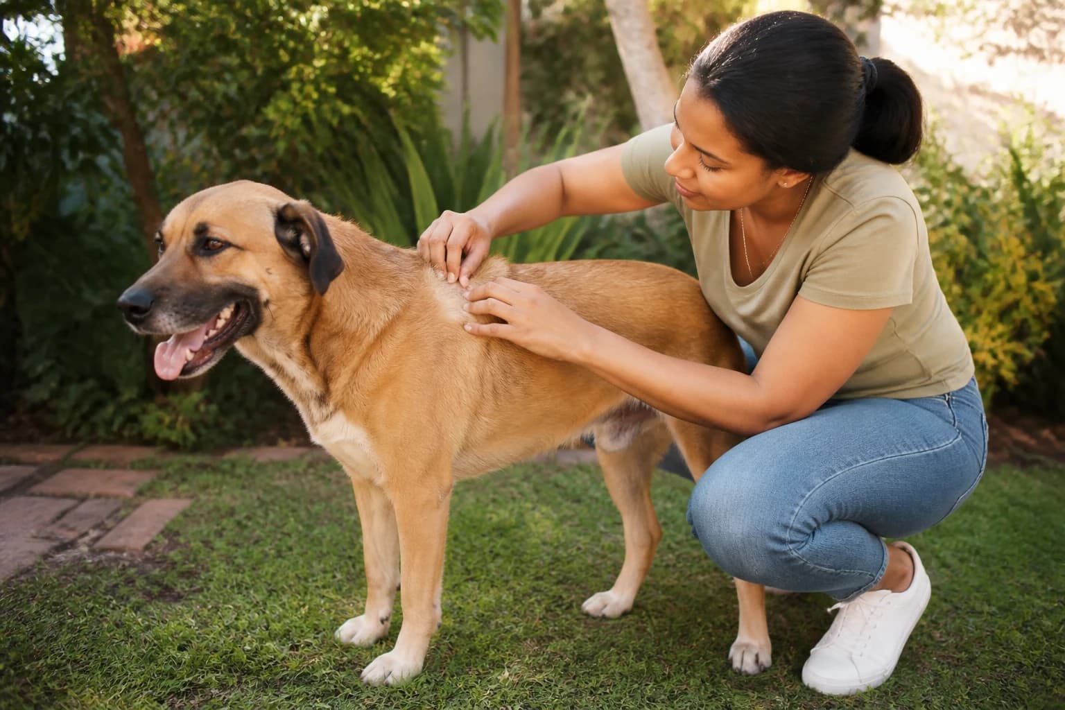 Dog owner calmly checking a healthy dog's coat and general condition
