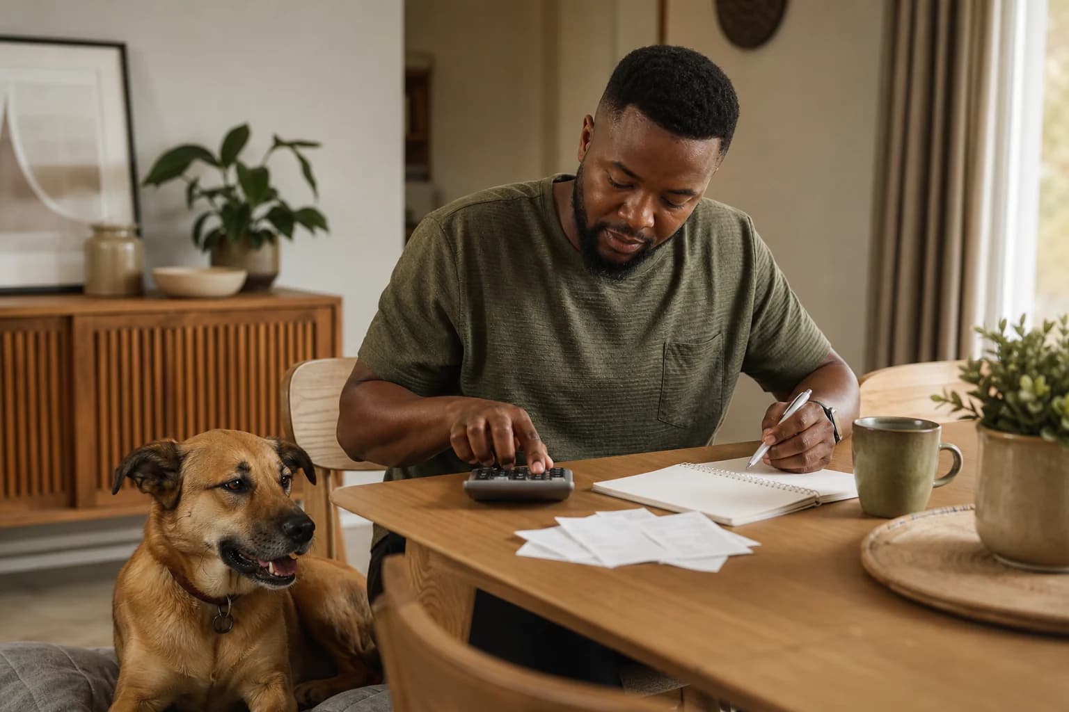 Dog owner planning household dog expenses with a calculator and notebook