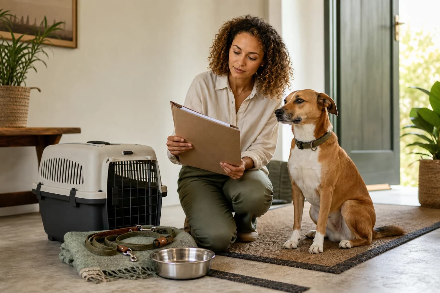 Dog owner calmly preparing a healthy dog and its records for veterinary travel
