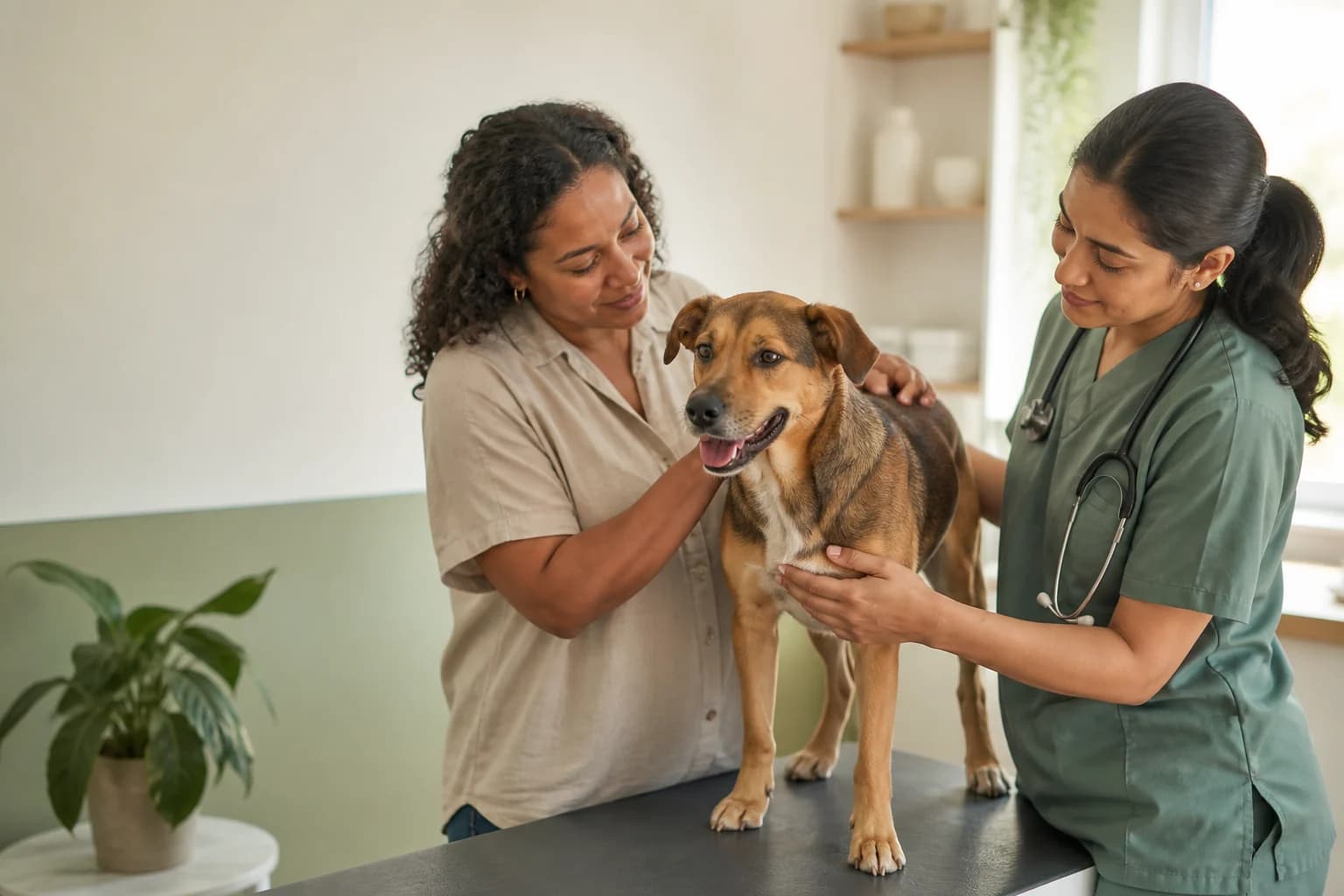 Dog owner calmly checking a healthy dog during a routine veterinary visit